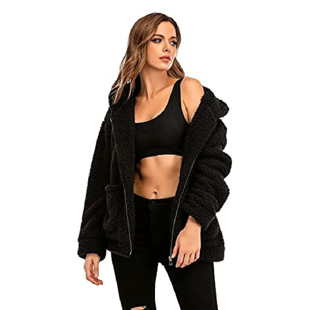 Oversized Faux Shearling Hooded Jacket - Fleece Lined Winter Coat